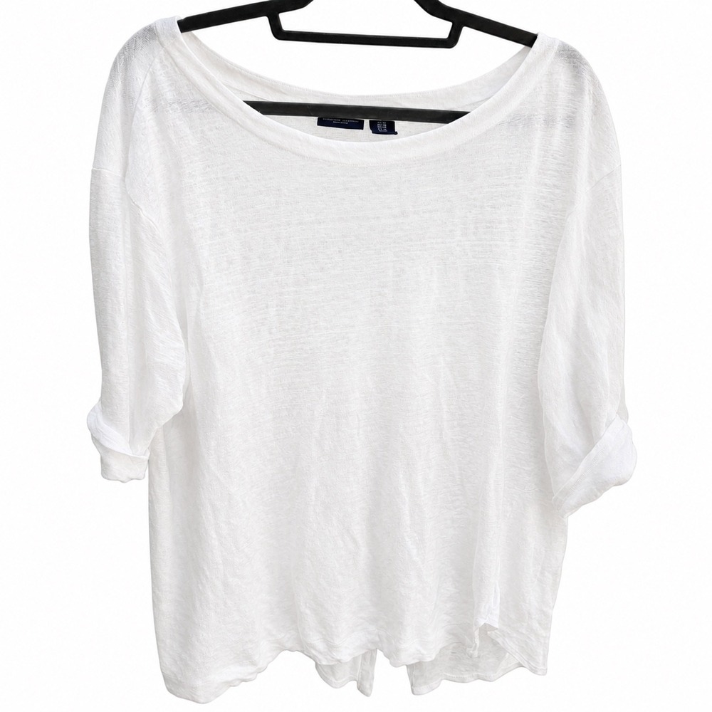 Adrienne Vittadini Womens 1X 100% Linen Top White Roll Tab Sleeve Button Back